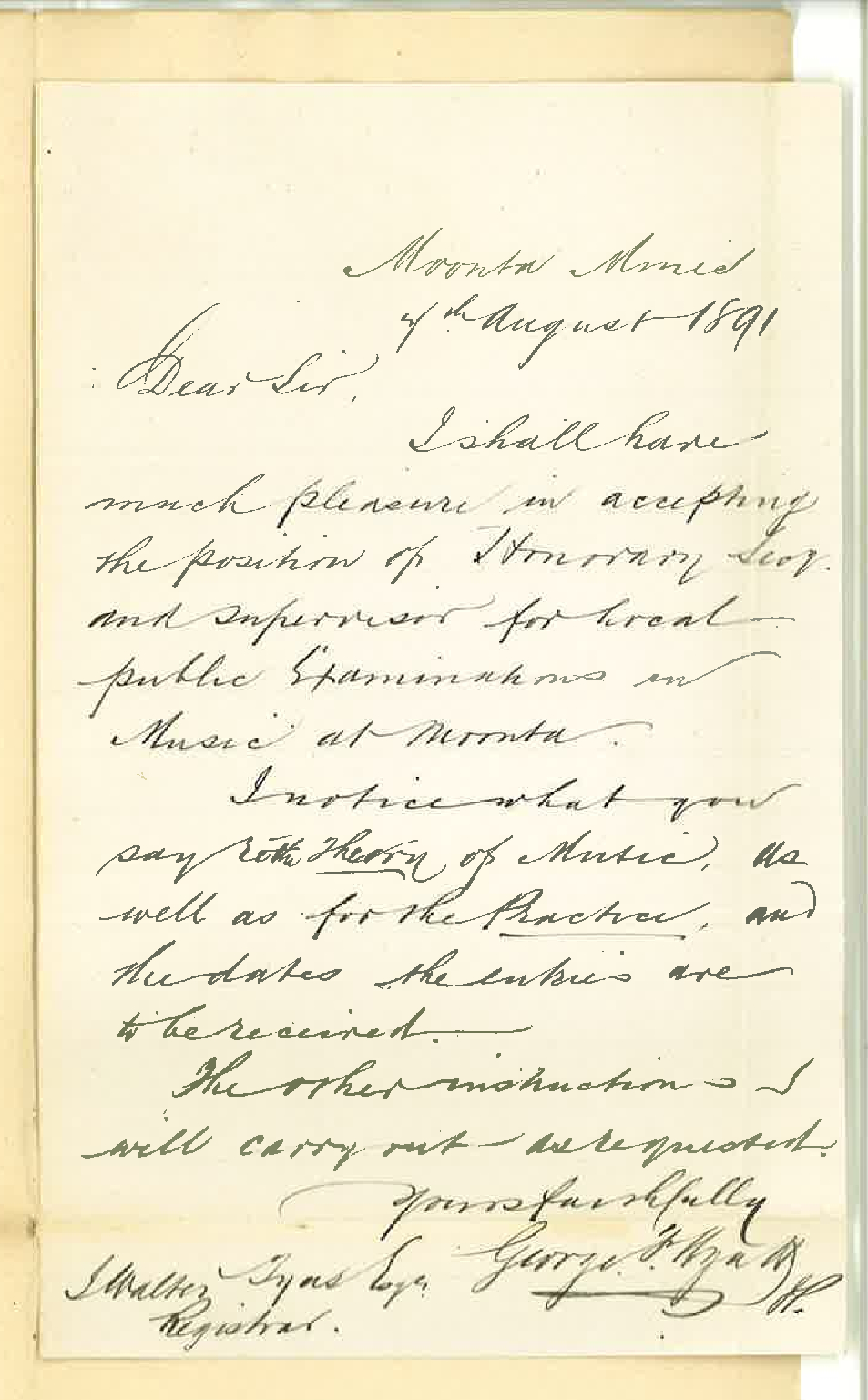 George F Wyatt - Moonta - Will act as Supervisor etc for Music Examination at Moonta