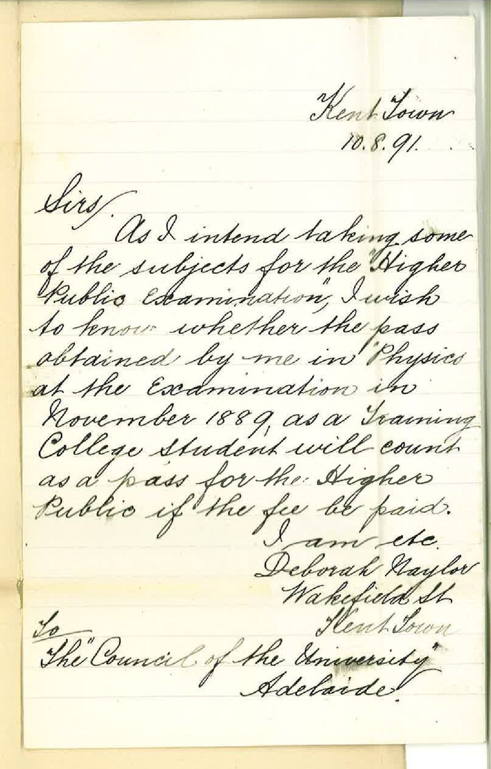 Miss Deborah Naylor - Kent Town - Asks if pass in Physics obtained in class examination as a Training College Student will count as pass for Higher Public