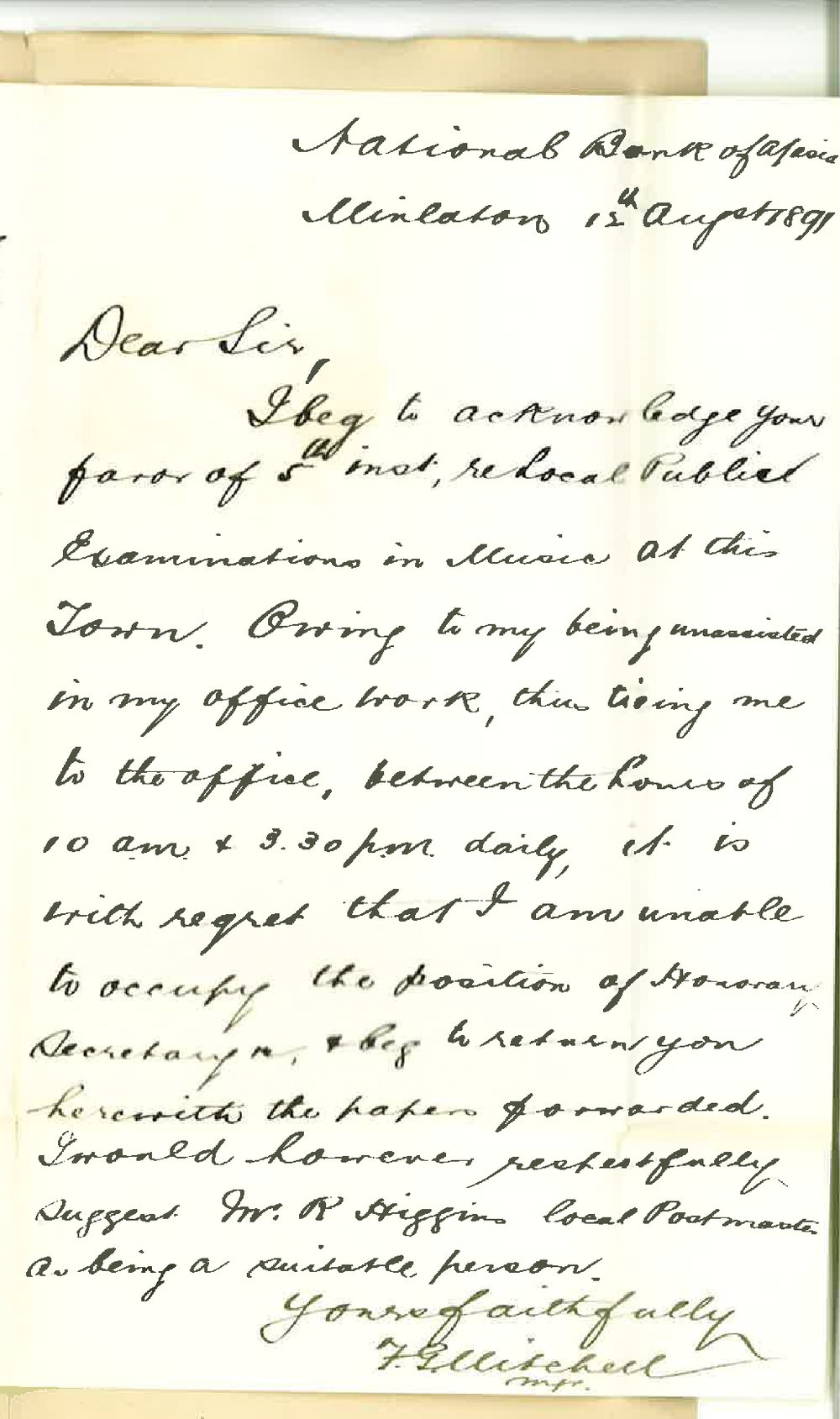F G Mitchell - Minlaton - Cannot act as Supervisor etc for Examinations in Music - Suggests Mr R Higgins