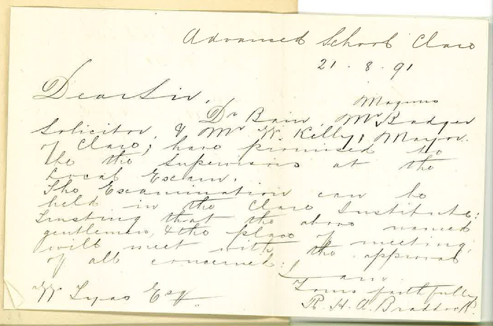 R H A Braddock - Clare - Arrangements for Preliminary Examination at Clare