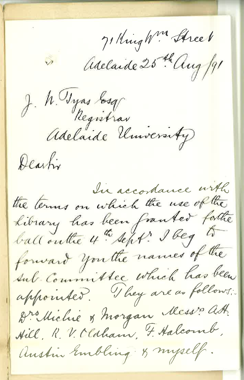 W F Andrews - King William Street - Committee re University Ball