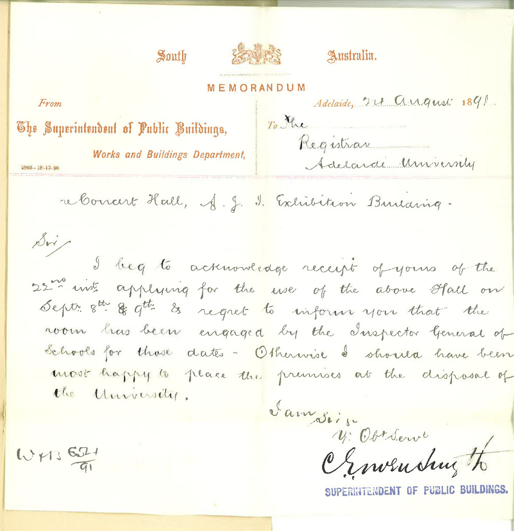 C E Owen Smyth - Superintendent of Public Buildings - Unable to let University have Concert Hall at Exhibition for Preliminary Examination
