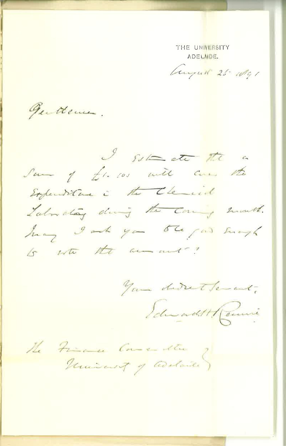Professor Edward Henry Rennie - The University - Estimate of expenditure for September