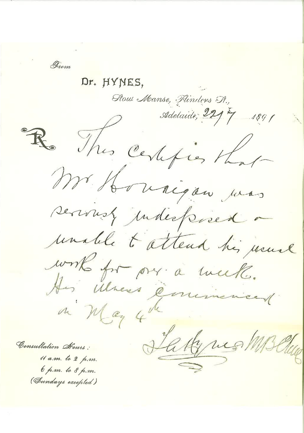 R E Haurigan - Adelaide - Credit for attendance on lectures