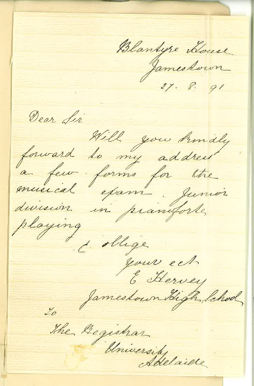 Miss E Hervey - Jamestown - Asks for forms for Music Examination