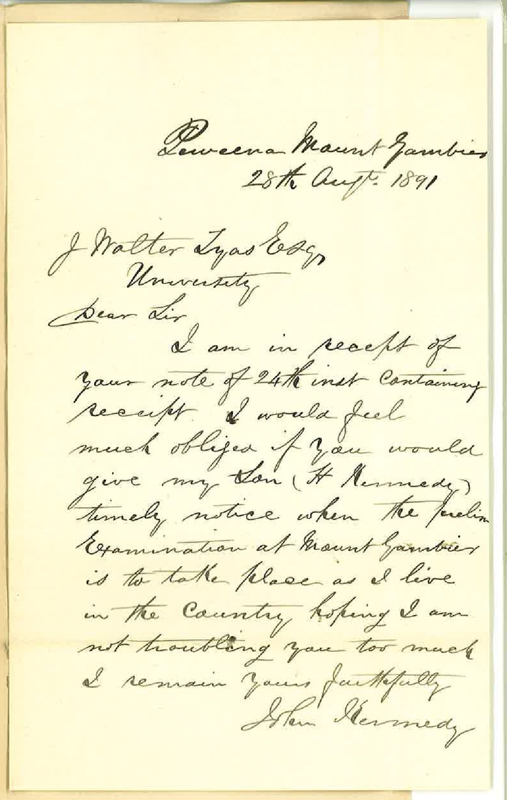 John Kennedy - Mt Gambier - Re notice for Preliminary Examination
