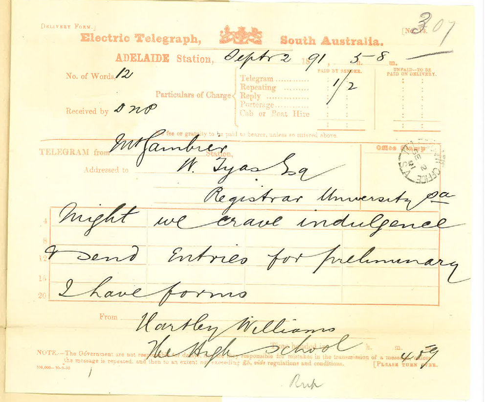 Reverend Hartley Williams - Mt Gambier - Asks re late entries for Preliminary Examination