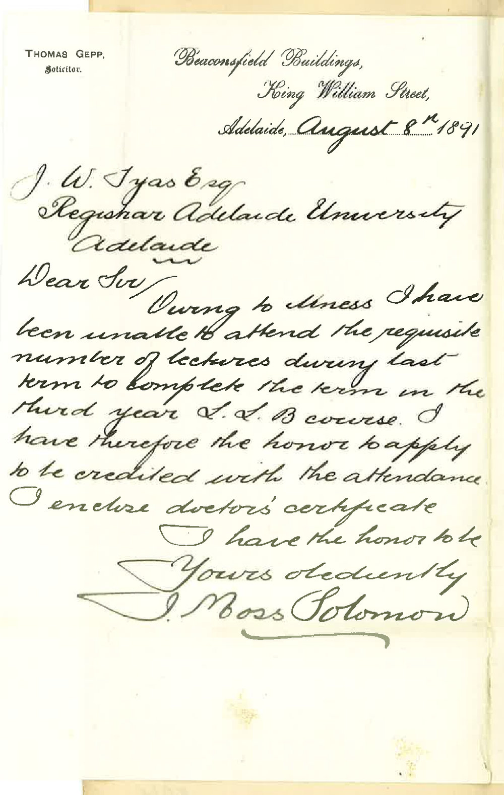 Judah Moss Solomon - Adelaide - Credit for attendance on lectures