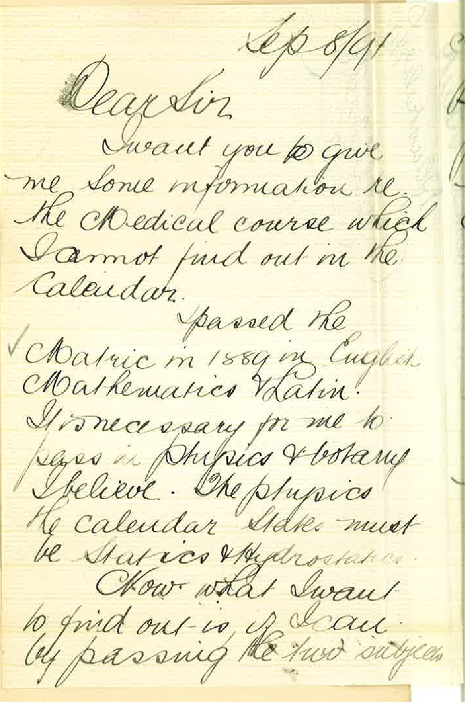 W M Anderson - Adelaide - Re Separate subjects in the Junior Examination and MB Course