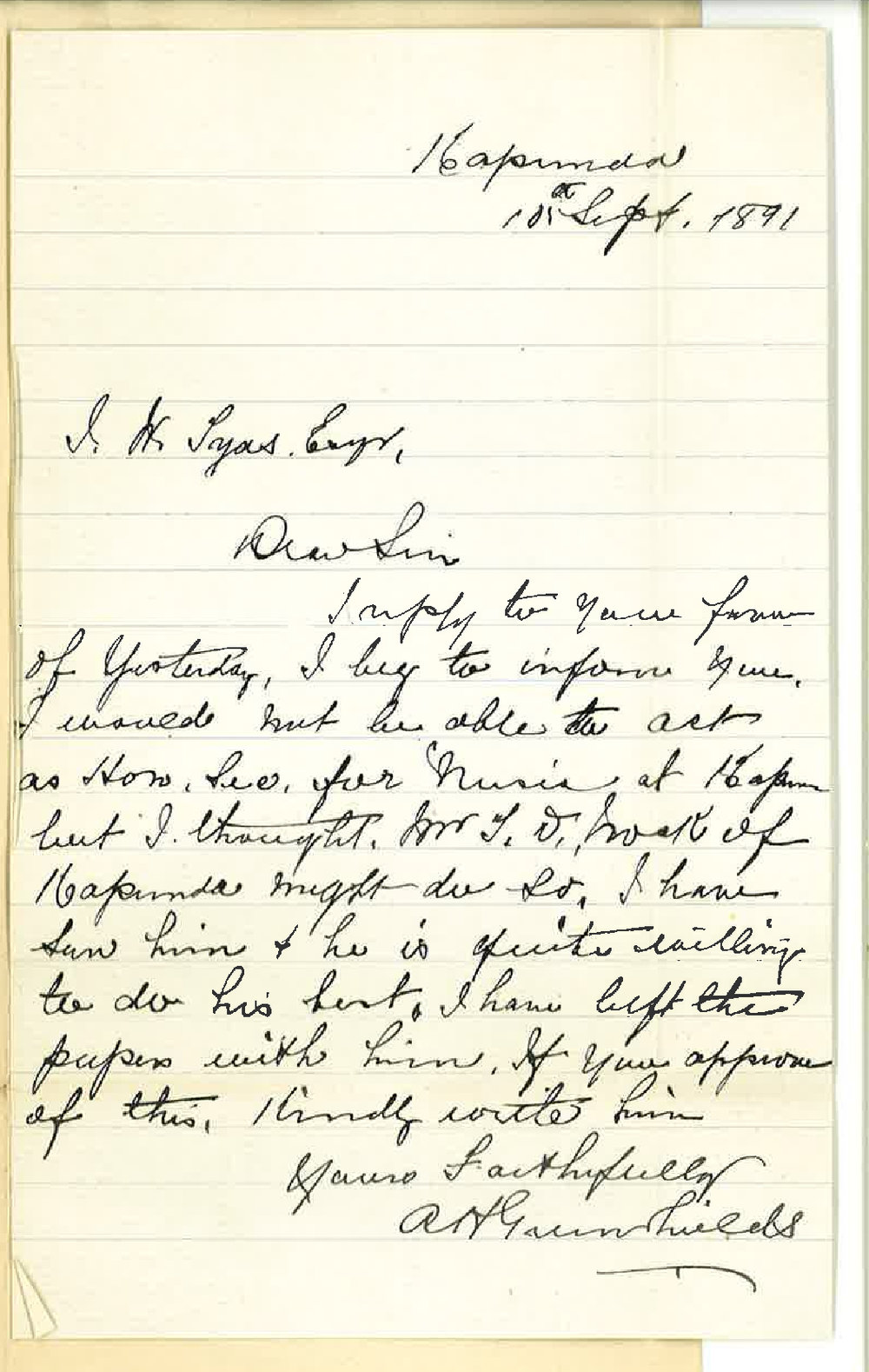 A H Greenshields - Kapunda - Unable to act as Supervisor for Music Examination - Recommends Mr T D Nock