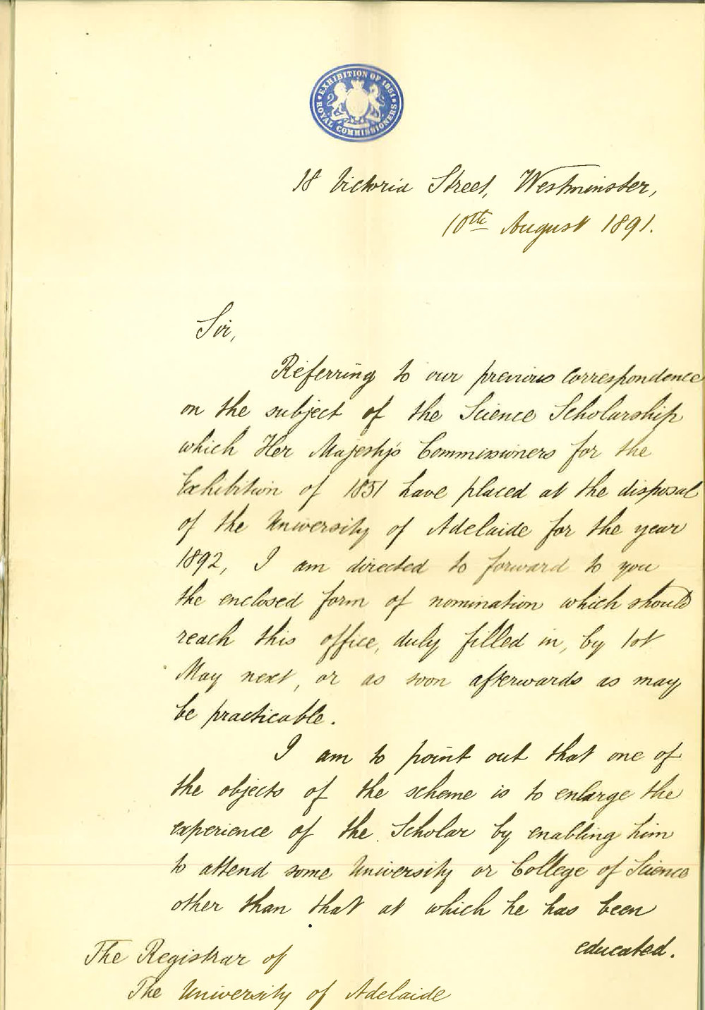 Major General Arthur Ellis - London - Science Scholarships offered by Commissioners for the Exhibition of 1851