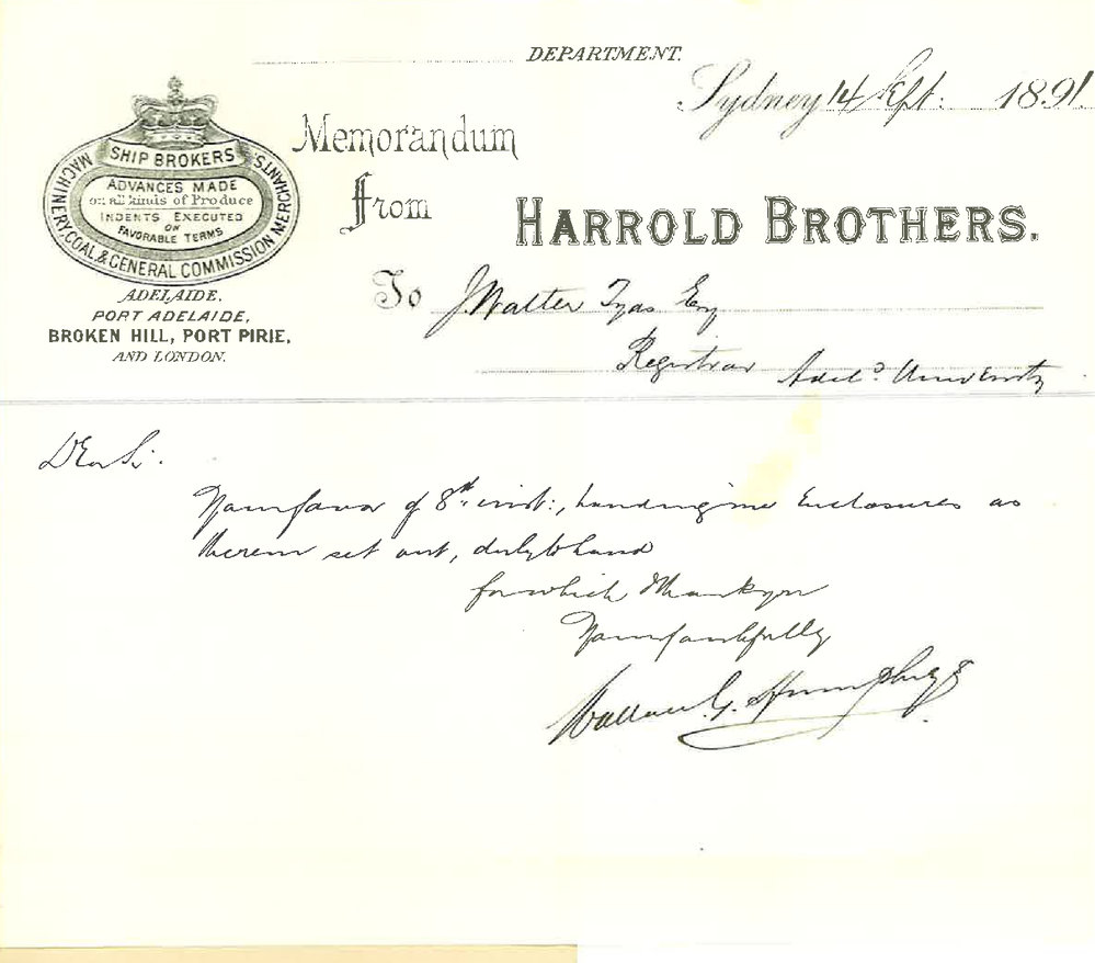 Wallace G Humphreys - Sydney - Acknowledging receipt of Certificates for R Henderson Heffer
