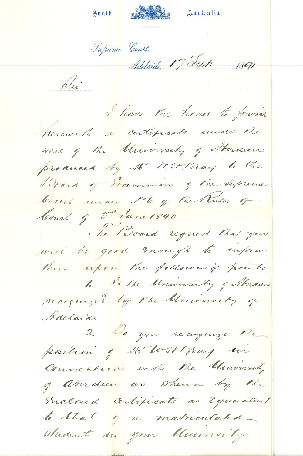 Alexander Buchanan - Master of Supreme Court - Asks information re certificate of Mr W H Bray an MA of Aberdeen