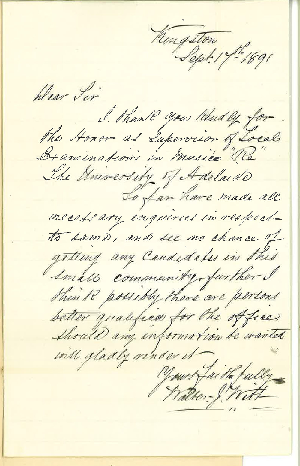 Walter J Witt - Kingston - Will act as Supervisor for Music Examinations at Kingston