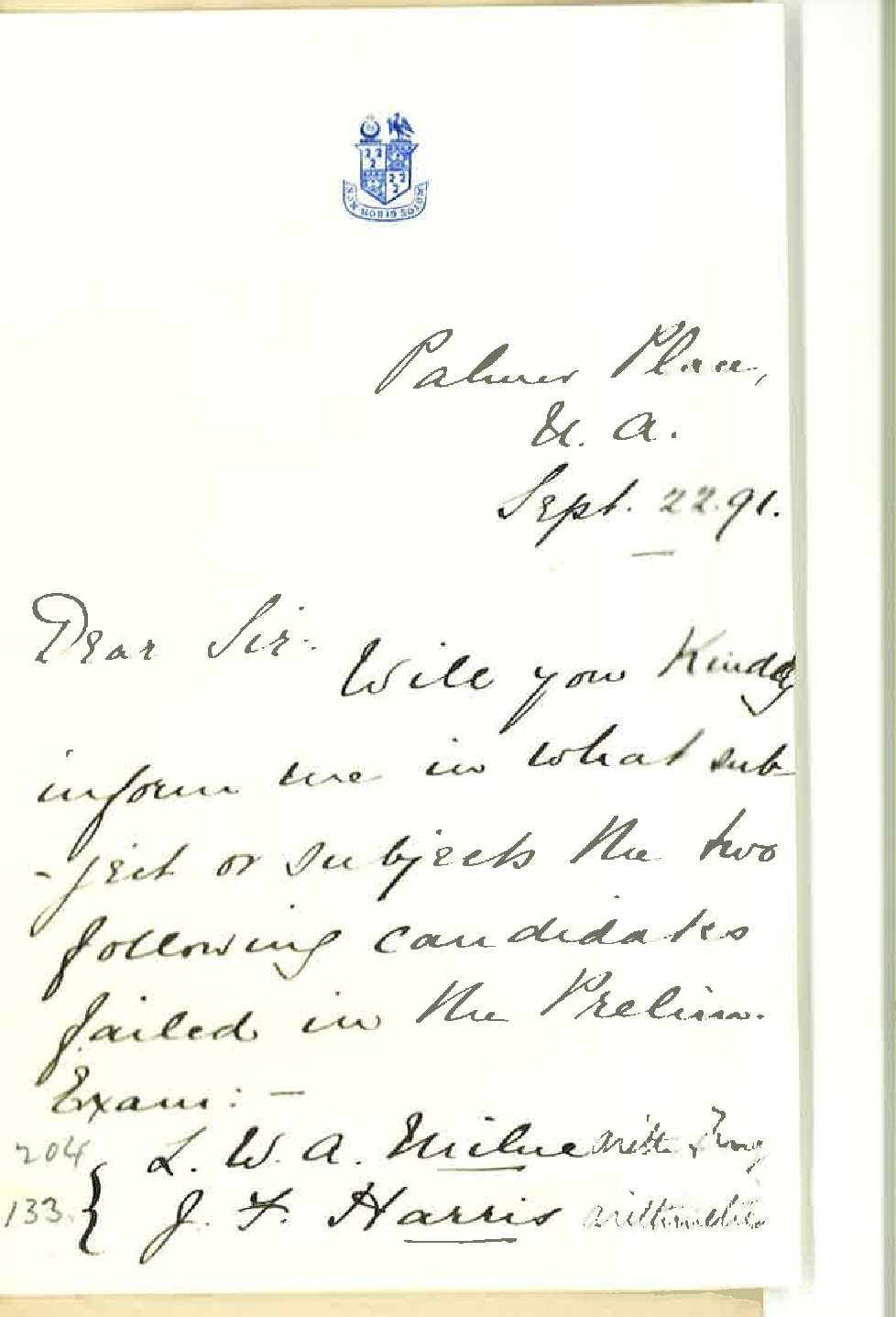 Miss E C Wilson - North Adelaide - Failures in Preliminary Examination