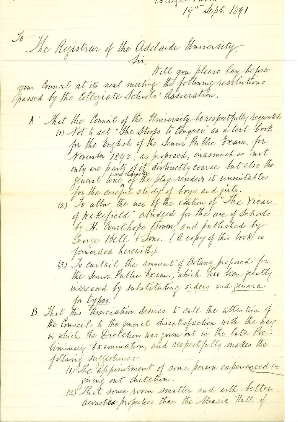 Joseph T Hinter - Collegiate Schools Association - College Park - Asking for alterations in English and Botany for Senior Examination and in method of giving out Dictation for the Preliminary Examination