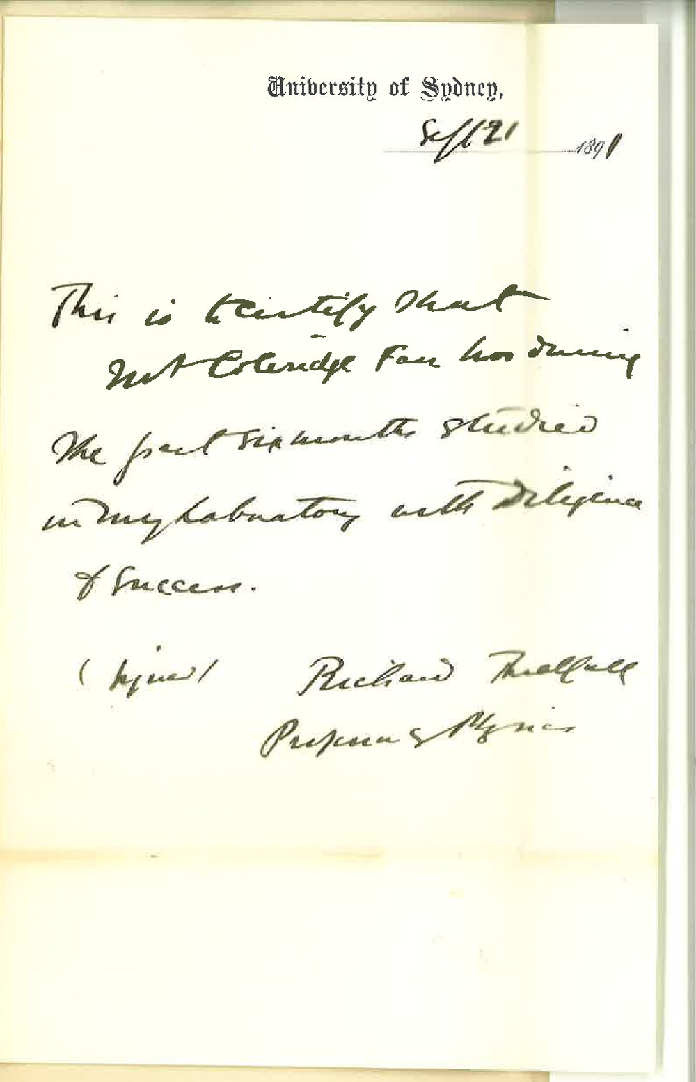 Professor Richard Threlfall - Sydney - Certificate of study for Angas Scholar Mr C C Farr