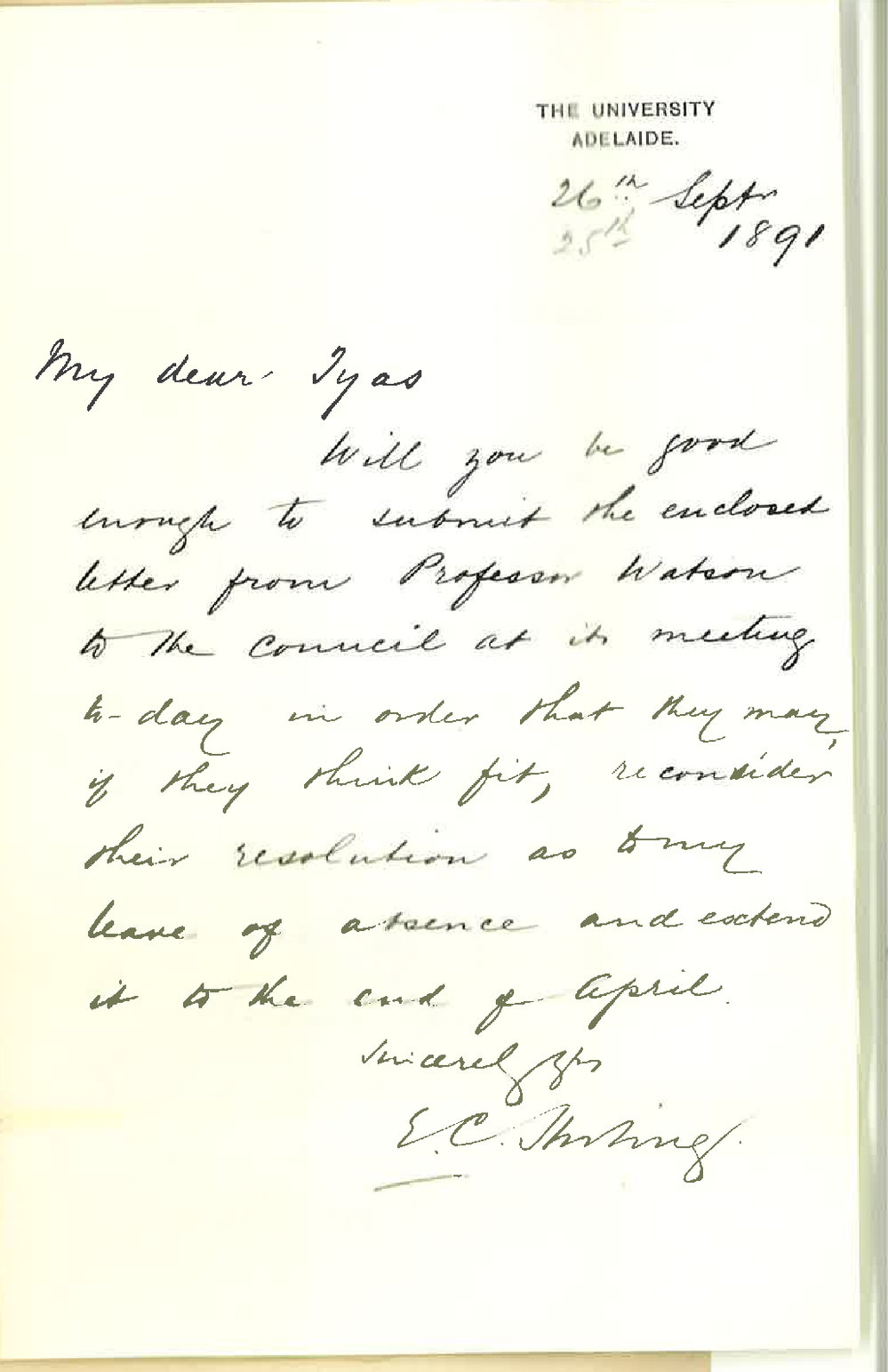 Dr Edward Charles Stirling - The University - Concerning request for leave of absence
