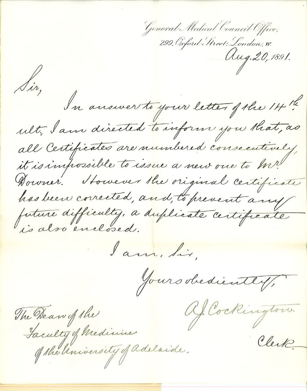 A F Cockington - Clerk - General Medical Council London - Return of Mr Downers Certificate of Registration