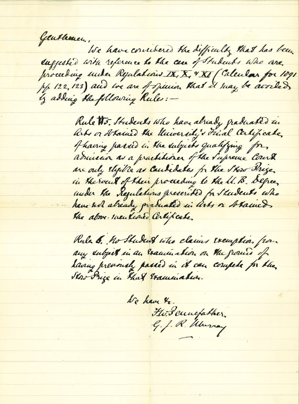 Professor Frederick William Pennefather - Mr George John Robert Murray - Alterations in Statutes of Stow Prize and Scholarship