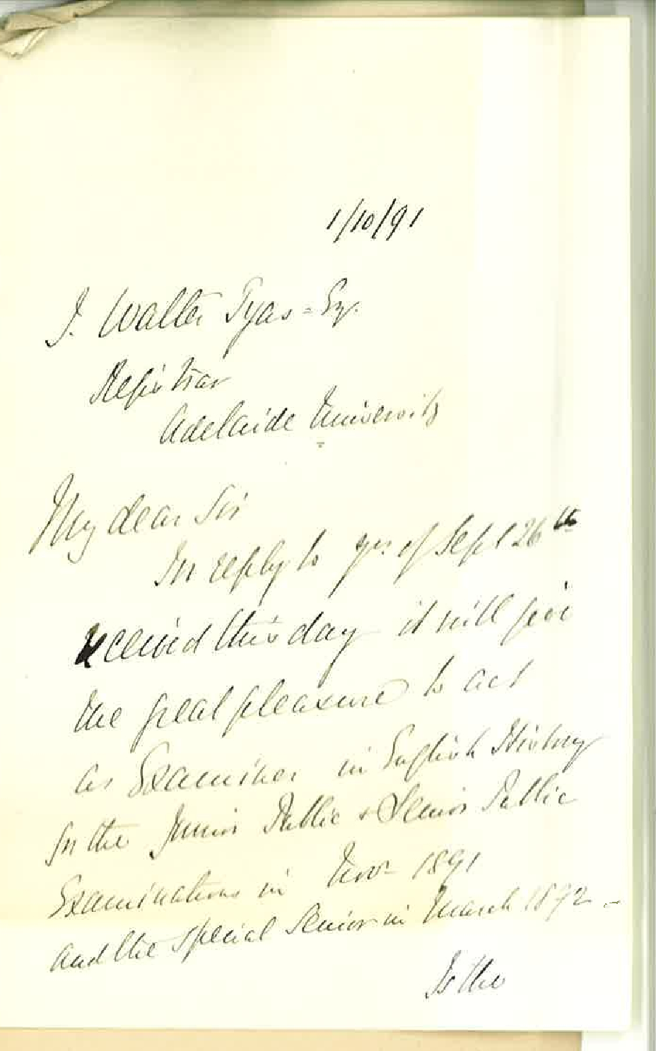 Edwin Gordon Blackmore - Parliament House - Will act as Examiner in History for Junior and Senior - Asks if he is to examine in History for the BA degree