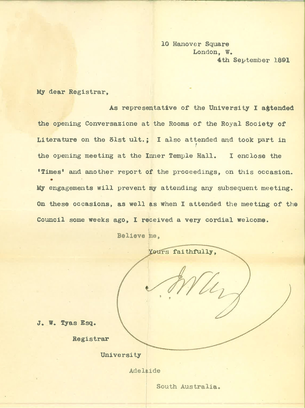 His Honor Chief Justice Samuel James Way - London - Attended meetings of the Oriental Congress