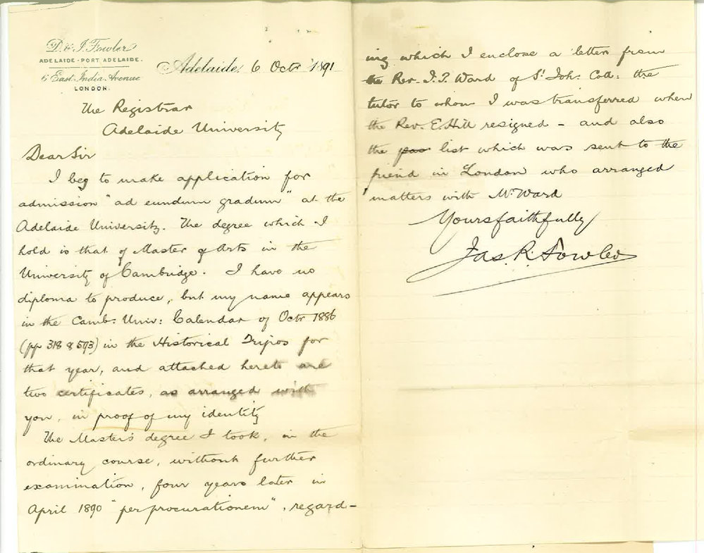 James R Fowler - Adelaide - Admission ad eundem gradum MA