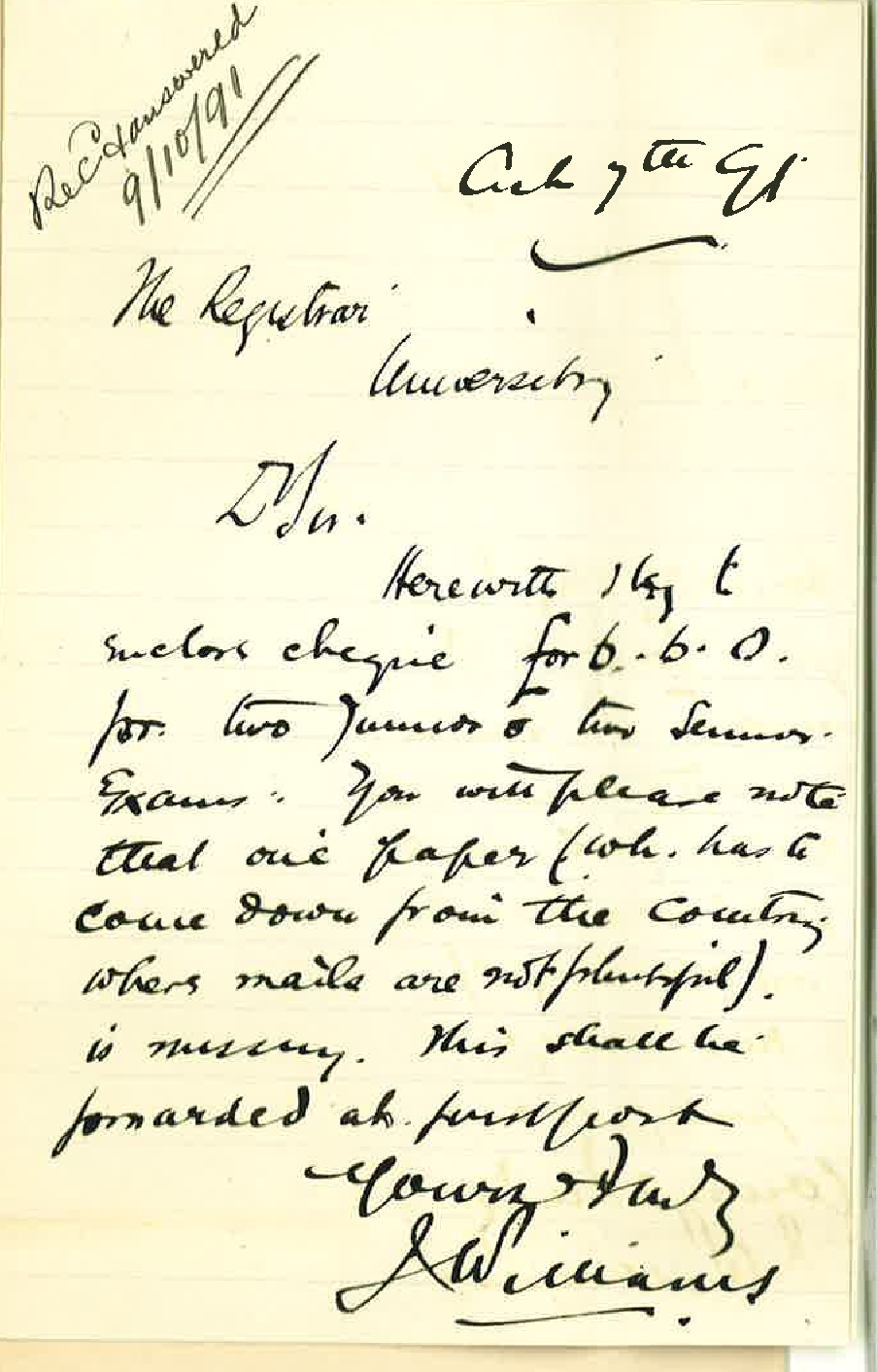 John Williams - Semaphore - forwarding payment for examinations