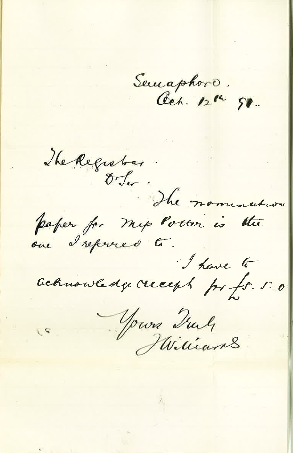 John Williams - Semaphore - Concerning Candidate who paid her own fee for examination in Music - Fee also sent to writer