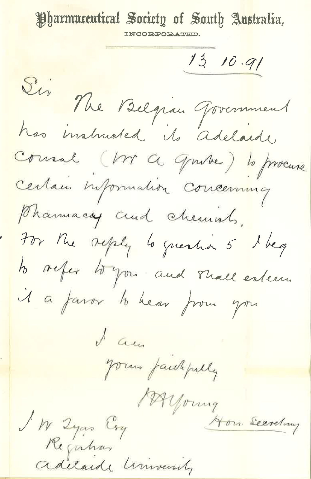 J H Young - Secretary Pharmaceutical Society of SA - Information re Professor in Chemistry