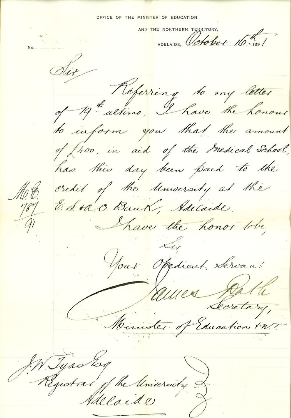 James Bath - Minister of Education - Adelaide - Payment of &pound;400 to Medical School
