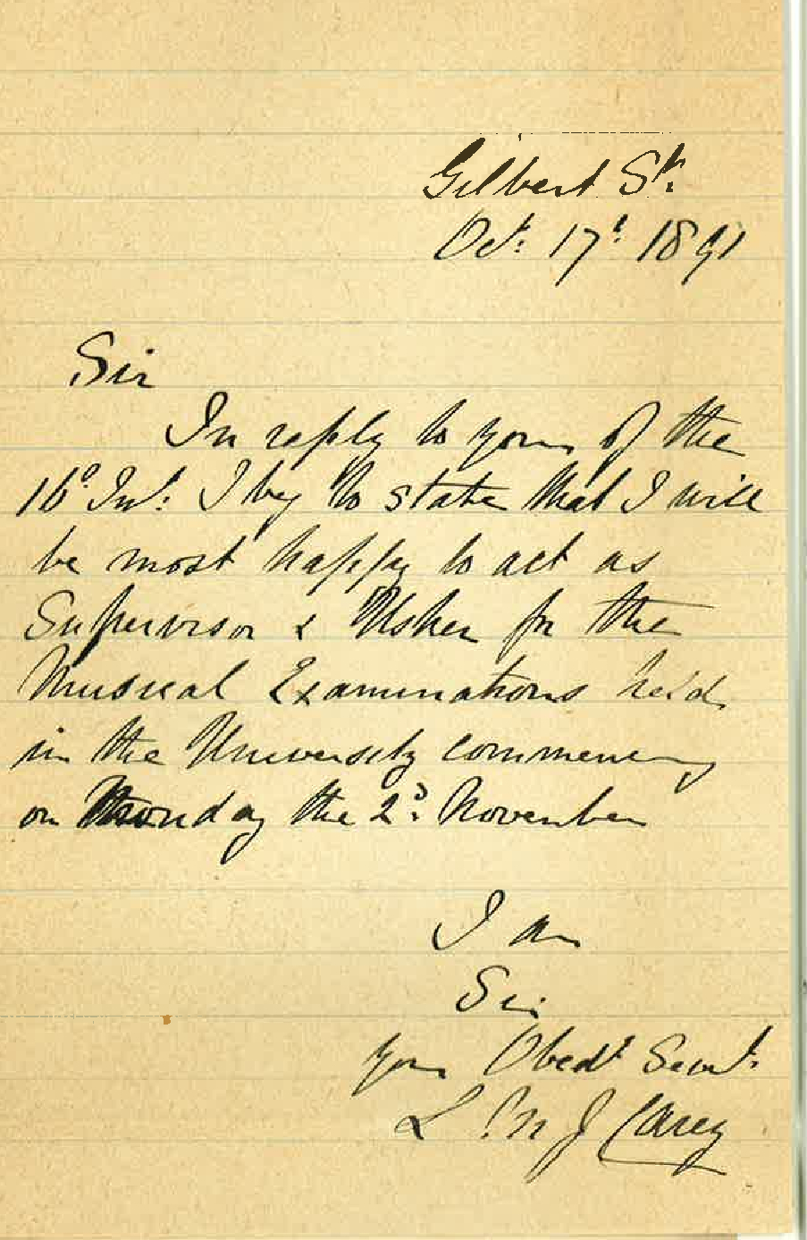 Captain L M J Carey - Adelaide - Will act as Supervisor and Usher for Music examinations