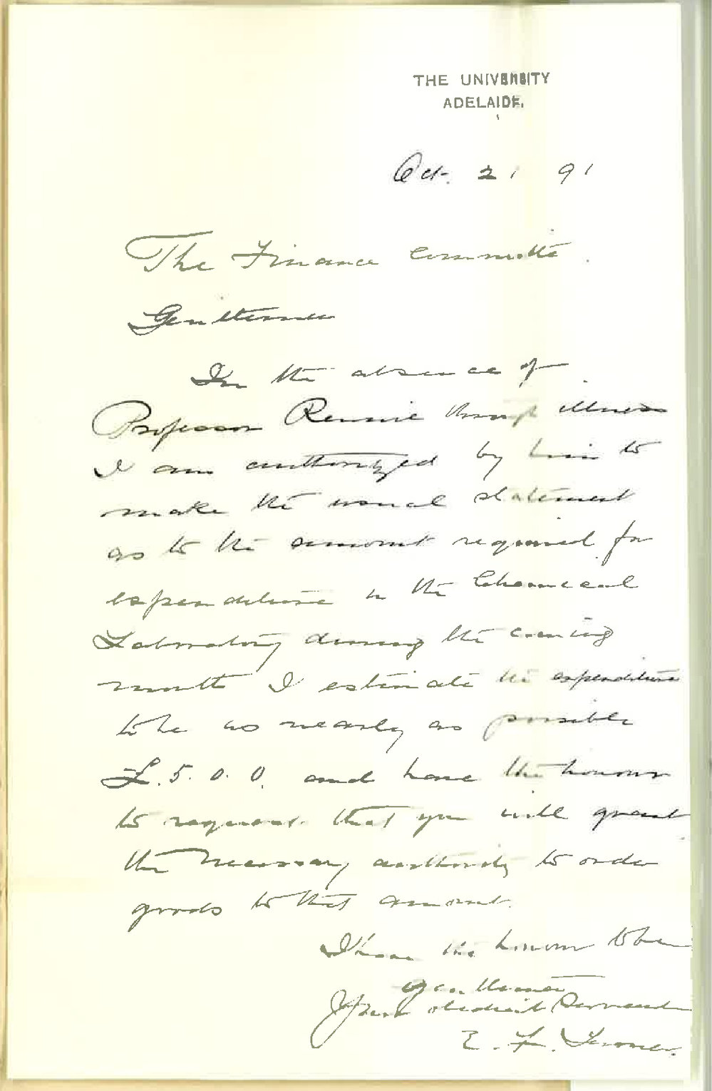 Professor Edward Henry Rennie - Per E F Turner - Estimate of expenditure for November