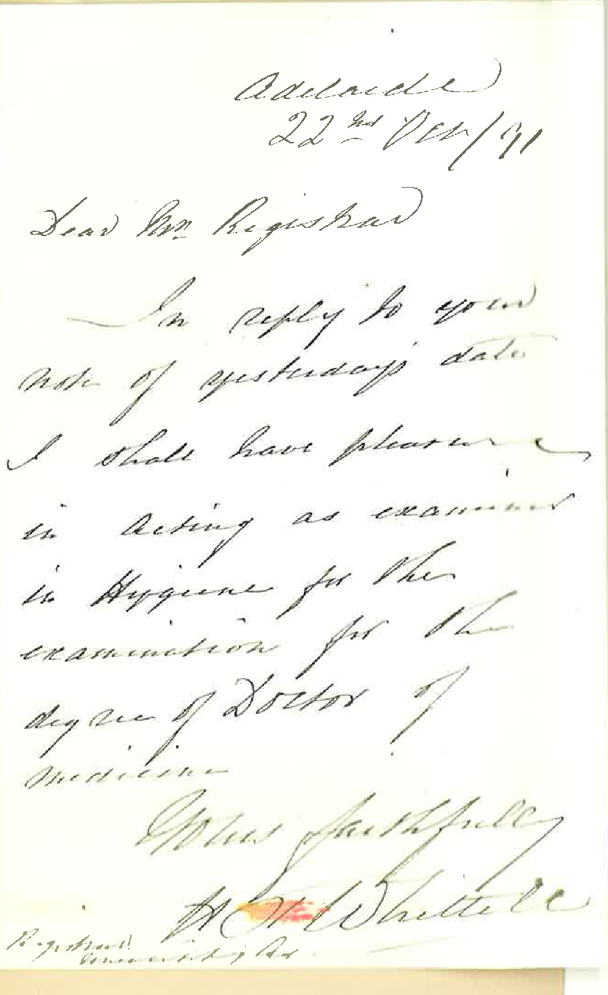 Dr Horatio Thomas Whittell - Adelaide - Will act as Examiner in Hygiene for MD Examination