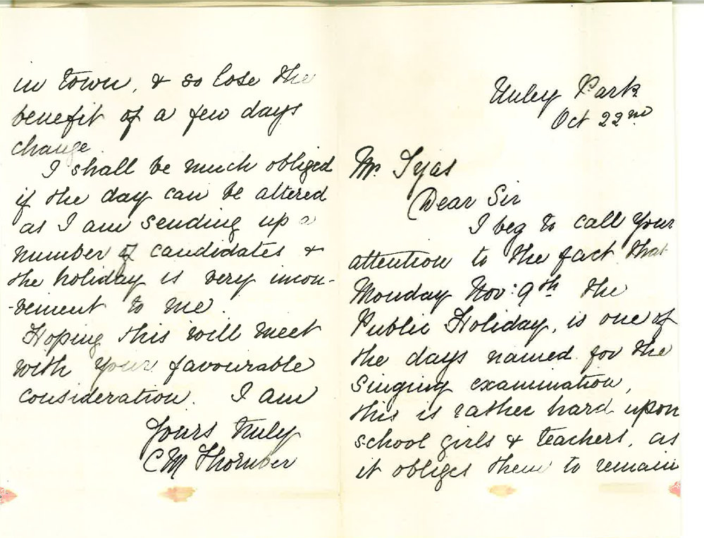 Miss C M Thornber - Unley Park - Protests against Music Examination on 9th November