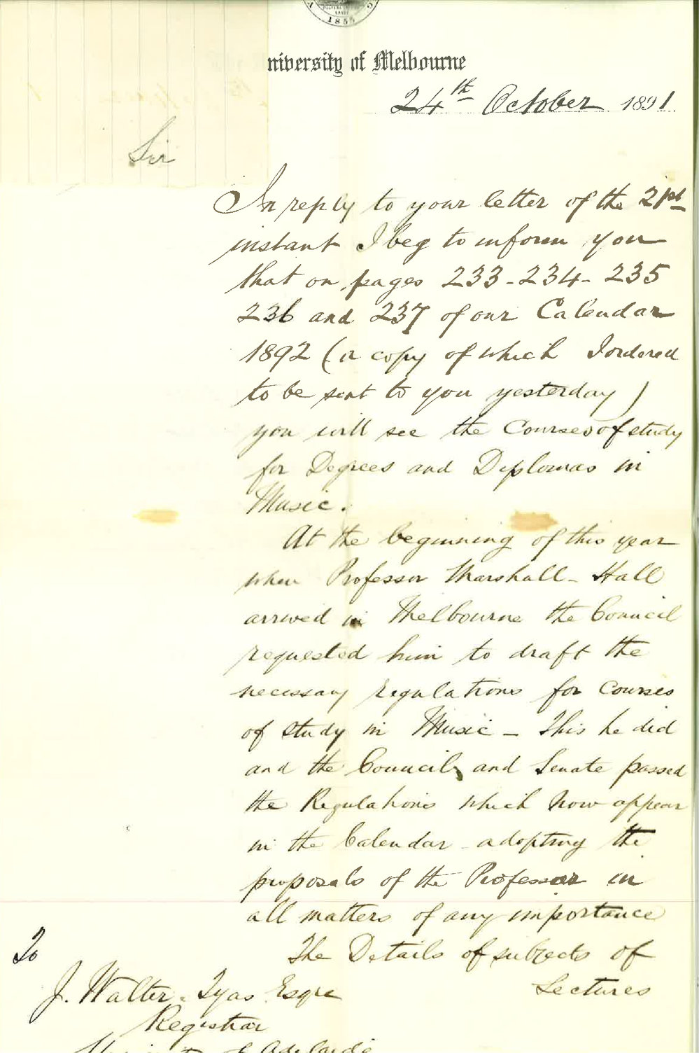 Edward Fitzhaley a&acirc;Beckett - Registrar - University of Melbourne - Information re School of Music in University of Melbourne