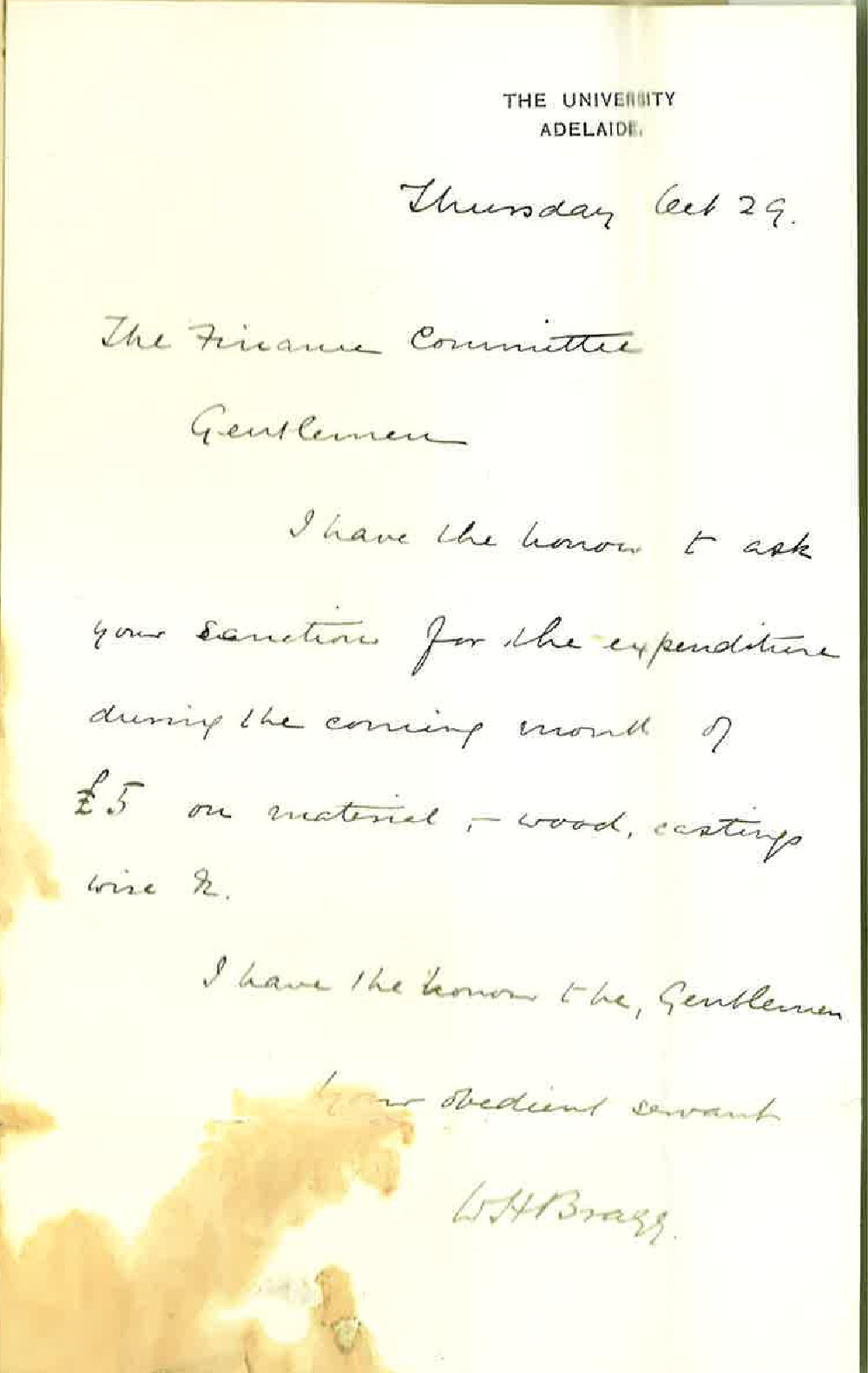 Professor William Henry Bragg - The University - Estimate expenditure for the month