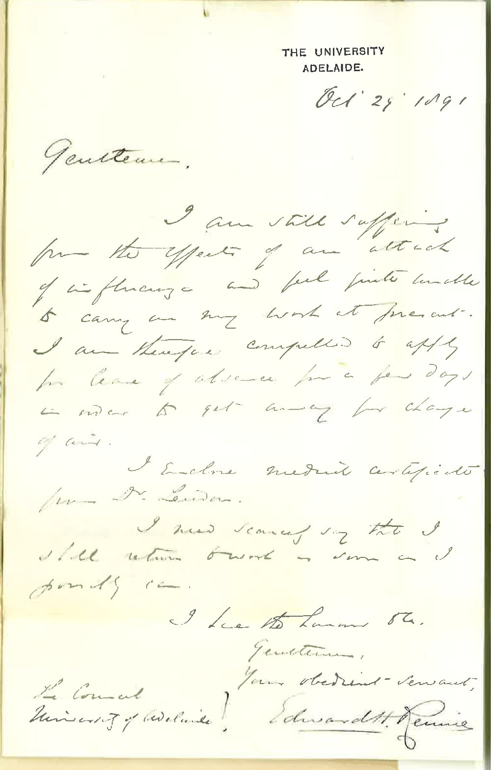 Professor Edward Henry Rennie - The University - Few days leave of absence through illness