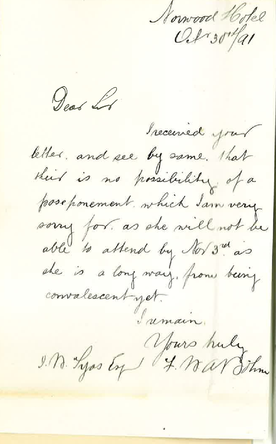 F W A Boehm - Norwood - Daughter unable to come up for Music Examination