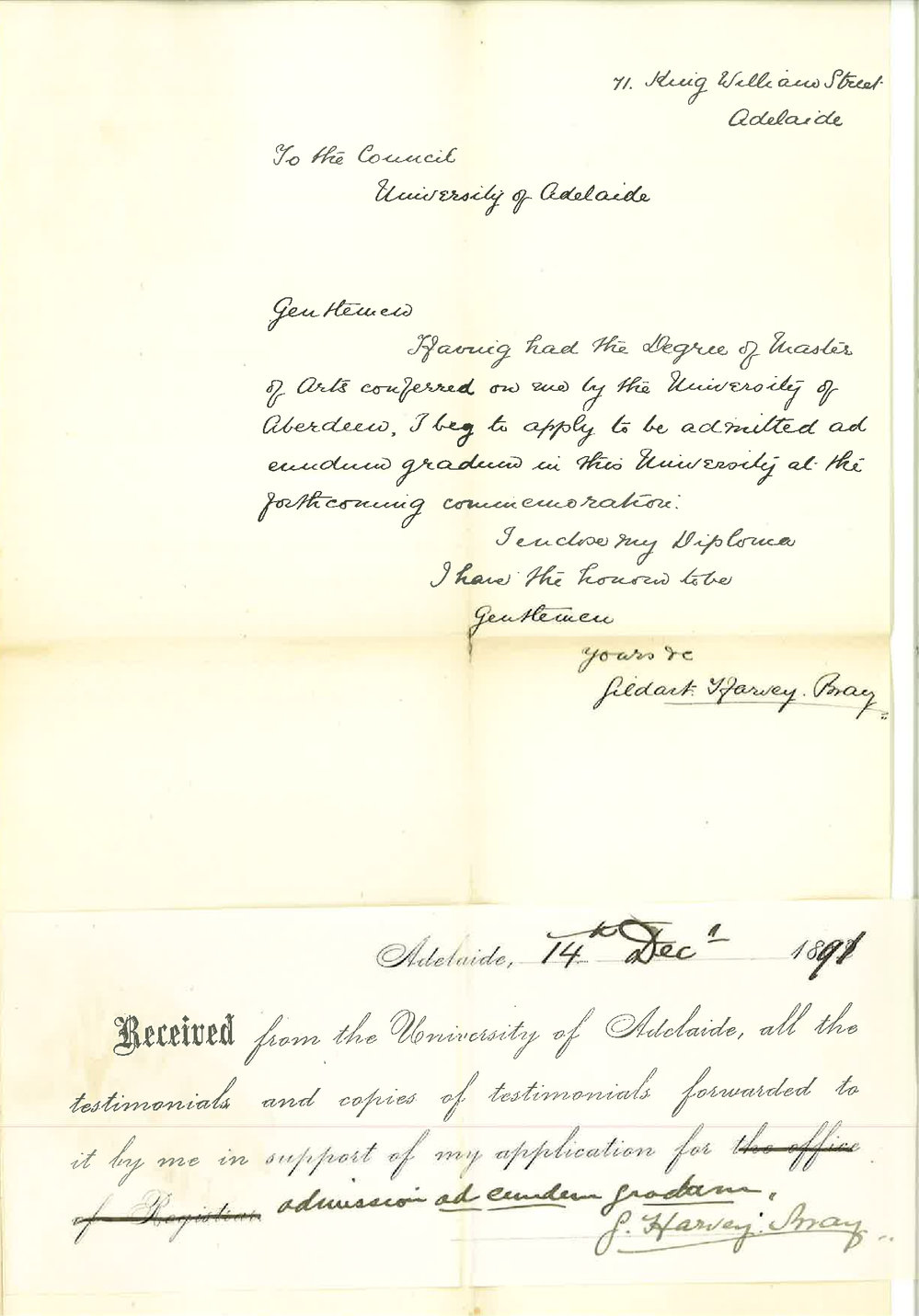 G Harvey Bray - Adelaide - Admission ad eundem gradum