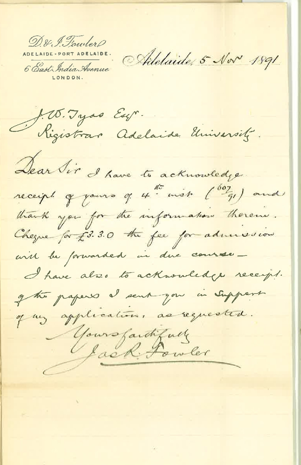 James R Fowler - Adelaide - Acknowledges receipt of Certificate returned