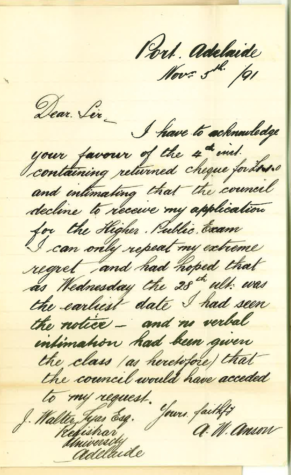 A W Anson - Port Adelaide - Acknowledges receipt of cheque returned