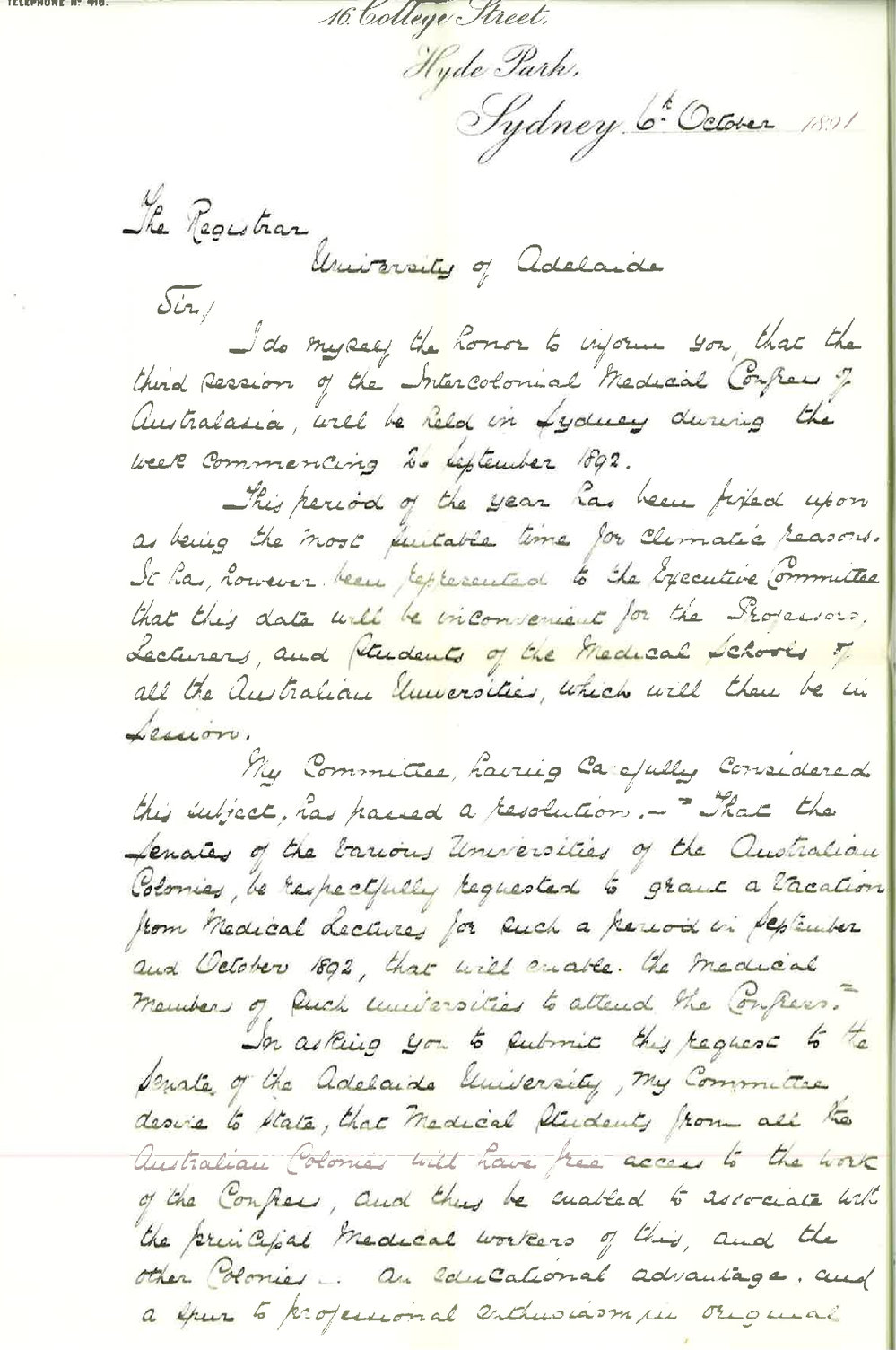 Dr Samuel T Knaggs - Sydney Joint General Secretary General Medical Congress - Asking that arrangements may be made to allow Medical Lecturers to attend Congress in Sydney in 1892