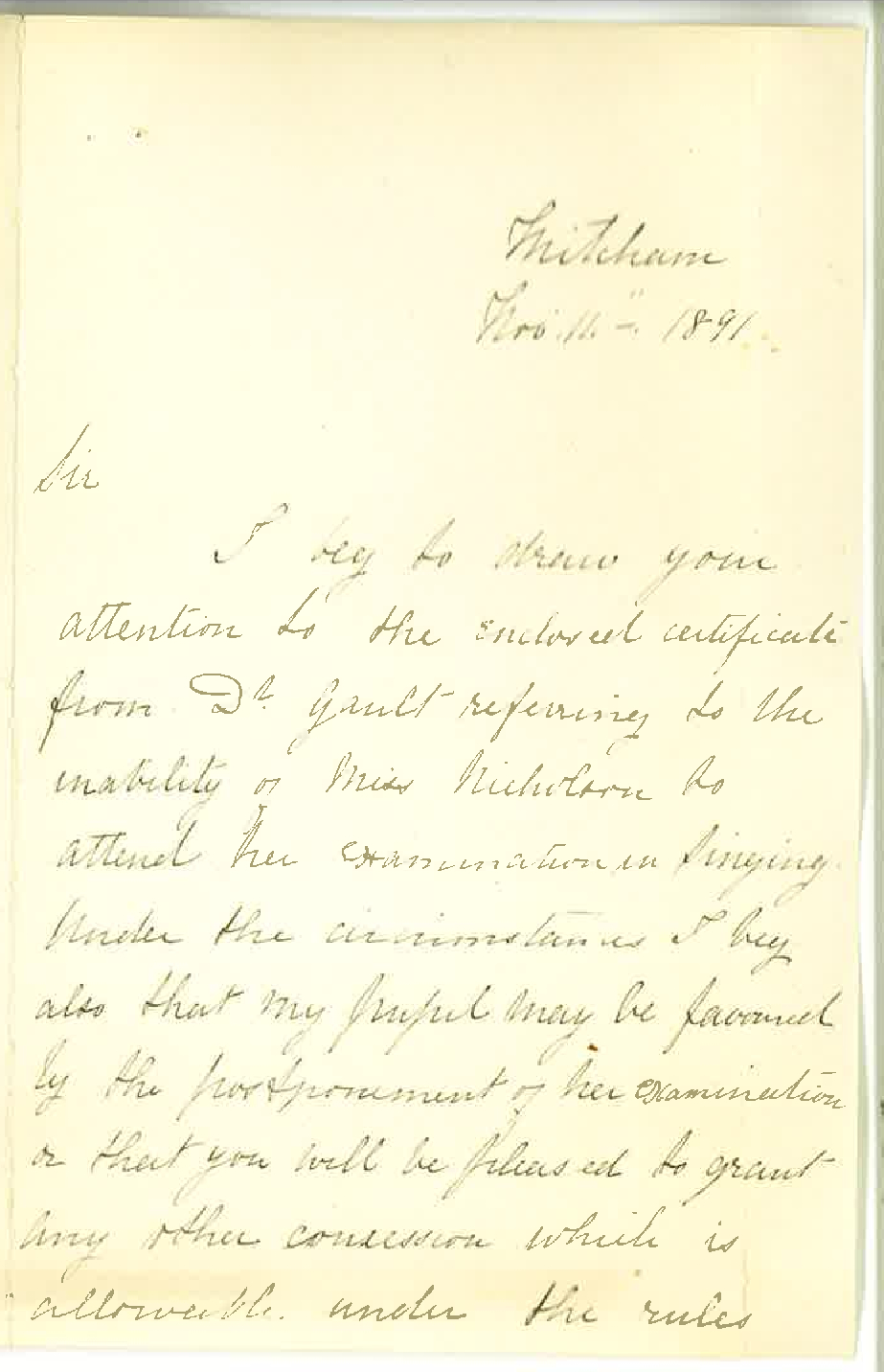 Miss Harriet Playford - Mitcham - Withdrawal of Candidate from Musical Examination