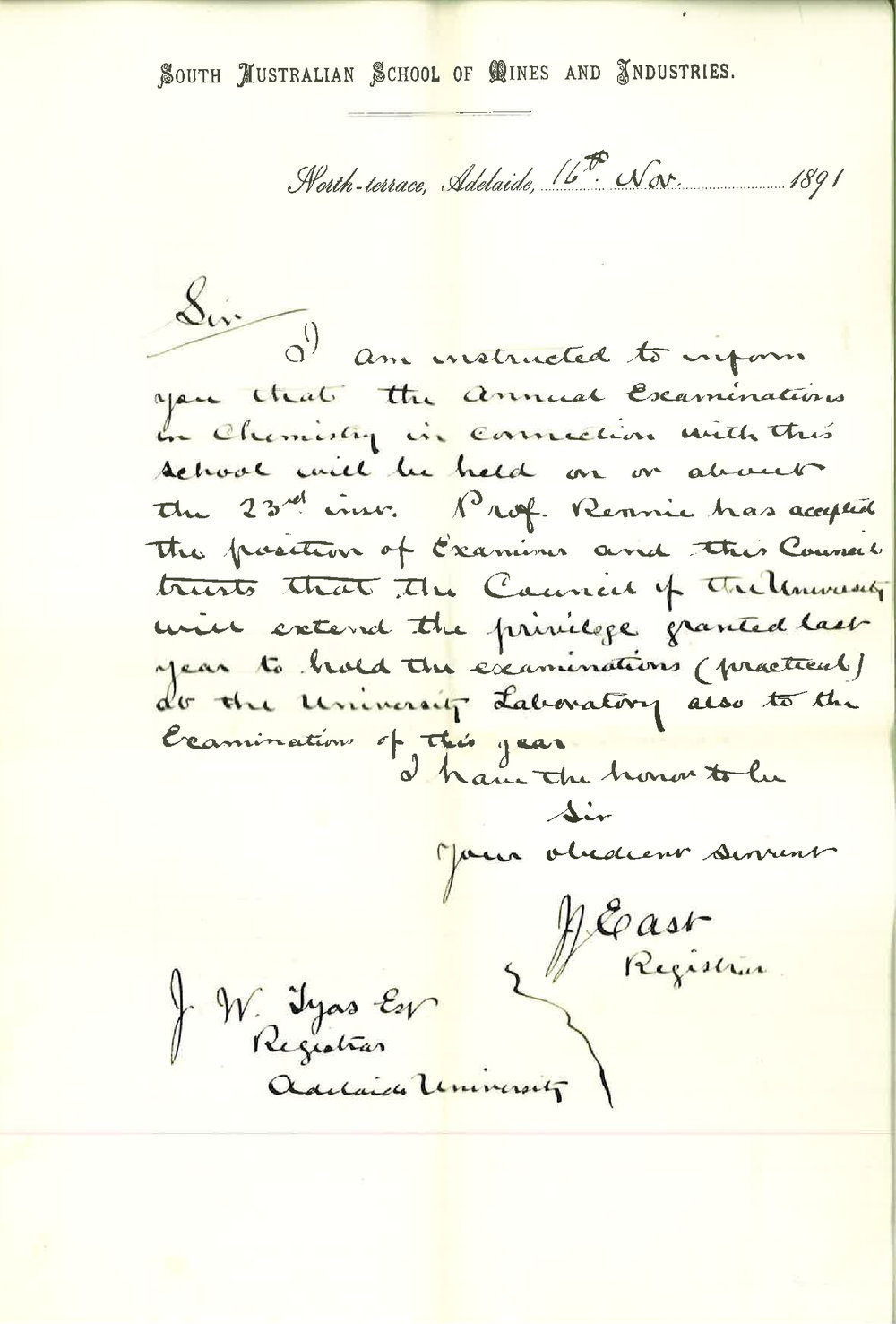 J J East - Registrar - School of Mines - Asks for use of Chemical Laboratory for Practical examination School of Mines Students