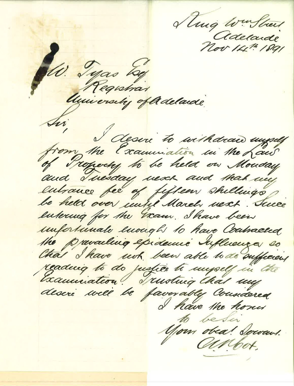 A P Cox - Adelaide - Withdraws from LLB Examination