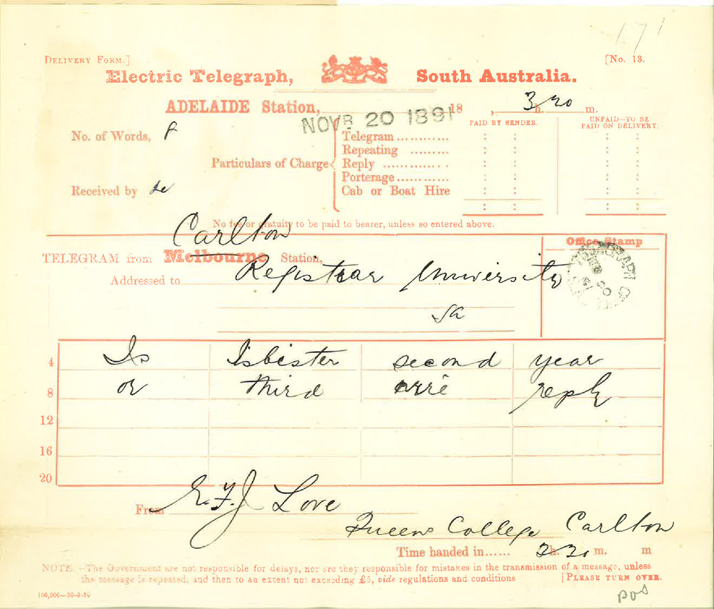 E F J Love - Melbourne - Information re candidate in BSc Examination