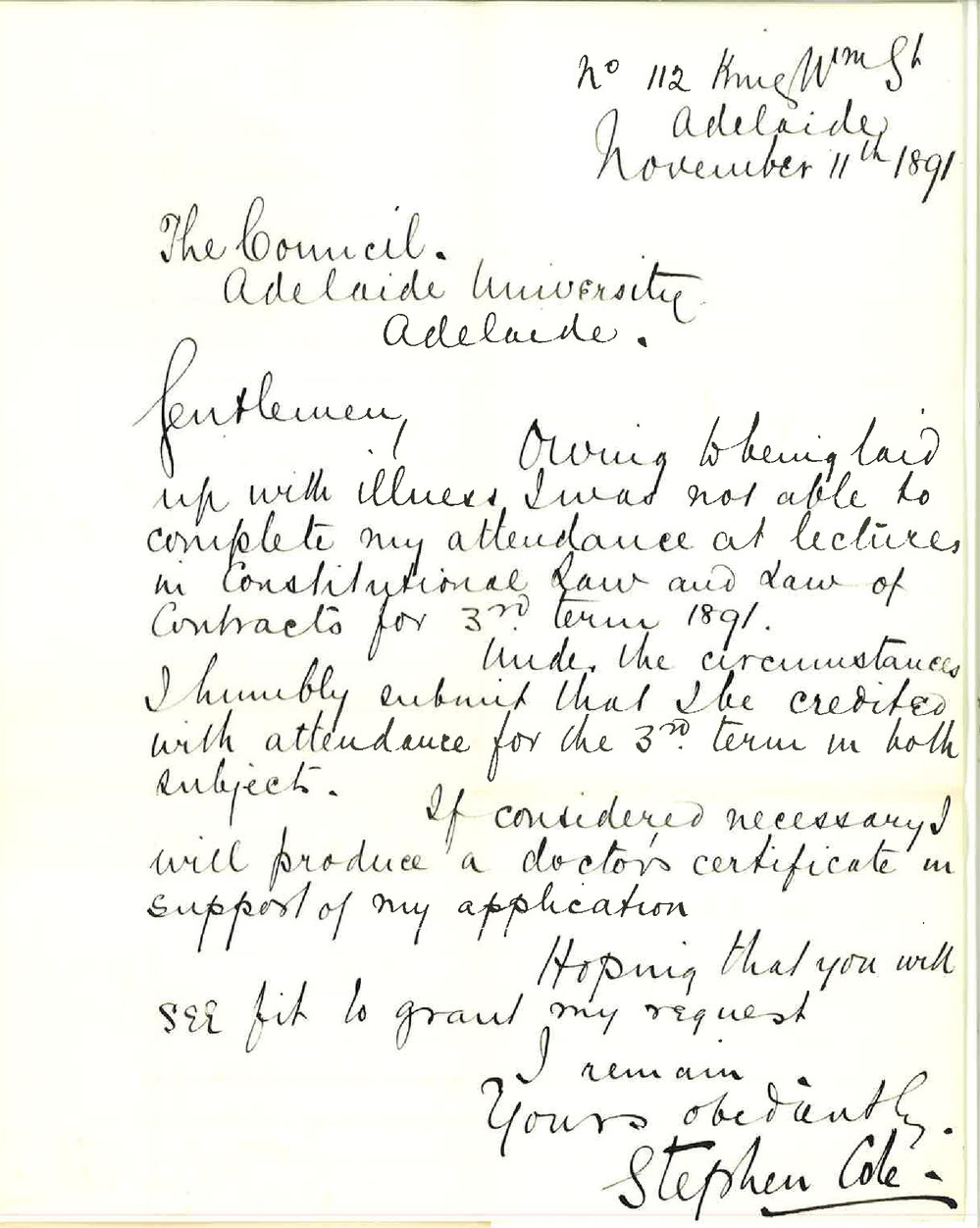 Stephen Baldwin Sarmon Cole - King William Street - Credit for attendance on Lectures