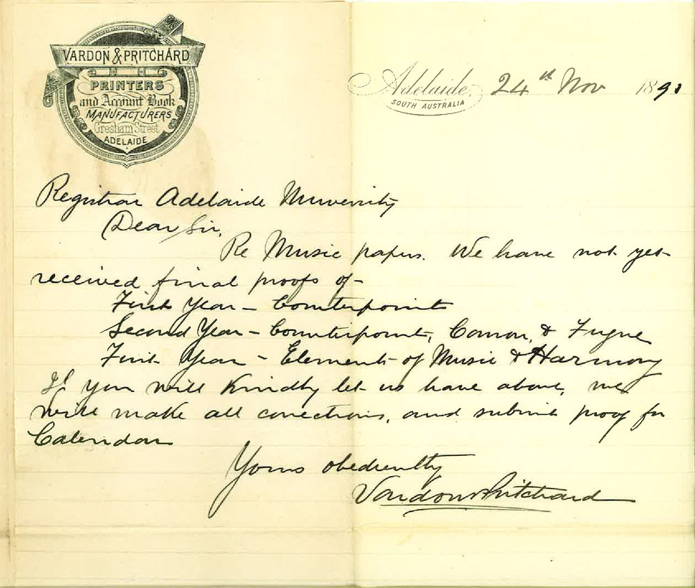 Messrs Vardon and Pritchard - Adelaide - Re corrections in Music Papers