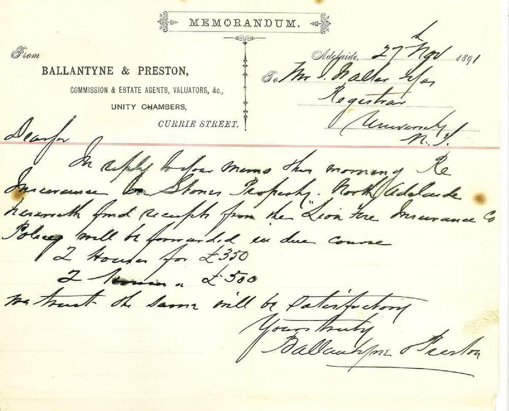 Messrs Ballantyne and Preston - Adelaide - Re Insurance of Stones properties